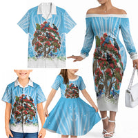 New Zealand Birds Christmas Family Matching Off The Shoulder Long Sleeve Dress and Hawaiian Shirt Pohutukawa Xmas Tree
