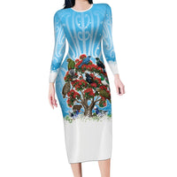 New Zealand Birds Christmas Long Sleeve Bodycon Dress Pohutukawa Xmas Tree