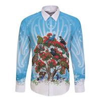 New Zealand Birds Christmas Long Sleeve Button Shirt Pohutukawa Xmas Tree