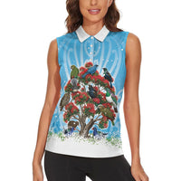 New Zealand Birds Christmas Women Sleeveless Polo Shirt Pohutukawa Xmas Tree