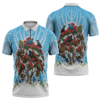 New Zealand Birds Christmas Zipper Polo Shirt Pohutukawa Xmas Tree