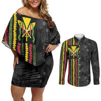 Hawaii Lei Kanaka Maoli Flag Couples Matching Off Shoulder Short Dress and Long Sleeve Button Shirt Tropical Vibes