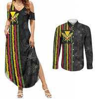 Hawaii Lei Kanaka Maoli Flag Couples Matching Summer Maxi Dress and Long Sleeve Button Shirt Tropical Vibes