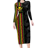 Hawaii Lei Kanaka Maoli Flag Long Sleeve Bodycon Dress Tropical Vibes LT05 Long Dress Black - Polynesian Pride