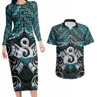 New Zealand Maori Couples Matching Long Sleeve Bodycon Dress and Hawaiian Shirt Poutama Pikorua - Single Twist Paua Shell LT05 Turquoise - Polynesian Pride