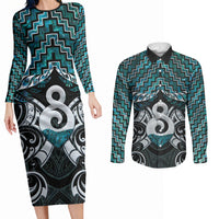 New Zealand Maori Couples Matching Long Sleeve Bodycon Dress and Long Sleeve Button Shirt Poutama Pikorua - Single Twist Paua Shell LT05 Turquoise - Polynesian Pride