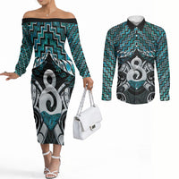 New Zealand Maori Couples Matching Off The Shoulder Long Sleeve Dress and Long Sleeve Button Shirt Poutama Pikorua - Single Twist Paua Shell LT05 Turquoise - Polynesian Pride
