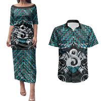 New Zealand Maori Couples Matching Puletasi and Hawaiian Shirt Poutama Pikorua - Single Twist Paua Shell LT05 Turquoise - Polynesian Pride