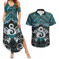 New Zealand Maori Couples Matching Summer Maxi Dress and Hawaiian Shirt Poutama Pikorua - Single Twist Paua Shell LT05 Turquoise - Polynesian Pride