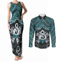 New Zealand Maori Couples Matching Tank Maxi Dress and Long Sleeve Button Shirt Poutama Pikorua - Single Twist Paua Shell LT05 Turquoise - Polynesian Pride