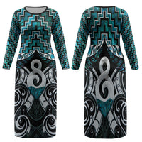 New Zealand Maori Family Matching Long Sleeve Bodycon Dress and Hawaiian Shirt Poutama Pikorua - Single Twist Paua Shell LT05 Mom's Dress Turquoise - Polynesian Pride