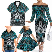 New Zealand Maori Family Matching Off The Shoulder Long Sleeve Dress and Hawaiian Shirt Poutama Pikorua - Single Twist Paua Shell LT05 - Polynesian Pride