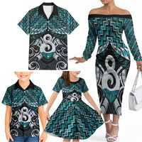 New Zealand Maori Family Matching Off The Shoulder Long Sleeve Dress and Hawaiian Shirt Poutama Pikorua - Single Twist Paua Shell LT05 - Polynesian Pride
