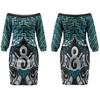 New Zealand Maori Family Matching Off The Shoulder Long Sleeve Dress and Hawaiian Shirt Poutama Pikorua - Single Twist Paua Shell LT05 Mom's Dress Turquoise - Polynesian Pride