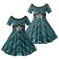 New Zealand Maori Family Matching Off The Shoulder Long Sleeve Dress and Hawaiian Shirt Poutama Pikorua - Single Twist Paua Shell LT05 Daughter's Dress Turquoise - Polynesian Pride