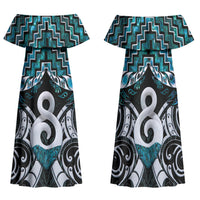 New Zealand Maori Family Matching Off Shoulder Maxi Dress and Hawaiian Shirt Poutama Pikorua - Single Twist Paua Shell LT05 Mom's Dress Turquoise - Polynesian Pride