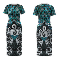 New Zealand Maori Family Matching Short Sleeve Bodycon Dress and Hawaiian Shirt Poutama Pikorua - Single Twist Paua Shell LT05 Mom's Dress Turquoise - Polynesian Pride