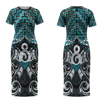 New Zealand Maori Family Matching Short Sleeve Bodycon Dress and Hawaiian Shirt Poutama Pikorua - Single Twist Paua Shell LT05 Mom's Dress Turquoise - Polynesian Pride