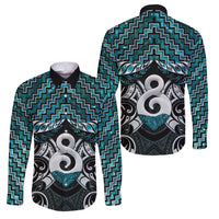 New Zealand Maori Family Matching Tank Maxi Dress and Hawaiian Shirt Poutama Pikorua - Single Twist Paua Shell LT05 Dad's Shirt - Long Sleeve Turquoise - Polynesian Pride