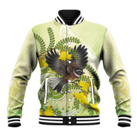 New Zealand Piwakawaka Fantail Bird Baseball Jacket With Kowhai Flowers LT05 Unisex Green - Polynesian Pride