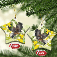 New Zealand Piwakawaka Fantail Bird Ceramic Ornament With Kowhai Flowers