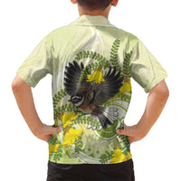 New Zealand Piwakawaka Fantail Bird Family Matching Off Shoulder Maxi Dress and Hawaiian Shirt With Kowhai Flowers