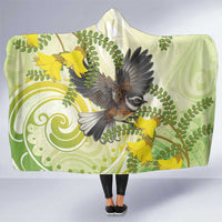 New Zealand Piwakawaka Fantail Bird Hooded Blanket With Kowhai Flowers
