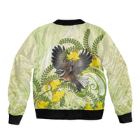 New Zealand Piwakawaka Fantail Bird Sleeve Zip Bomber Jacket With Kowhai Flowers