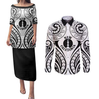New Caledonia Day Couples Matching Puletasi and Long Sleeve Button Shirt Polynesian Curves White Color - Polynesian Pride