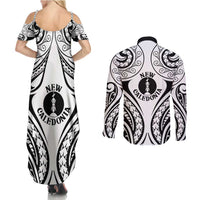 New Caledonia Day Couples Matching Summer Maxi Dress and Long Sleeve Button Shirt Polynesian Curves White Color - Polynesian Pride