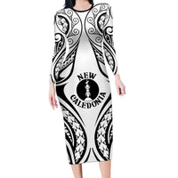 New Caledonia Day Family Matching Long Sleeve Bodycon Dress and Hawaiian Shirt Polynesian Curves White Color - Polynesian Pride