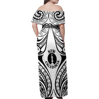 New Caledonia Day Family Matching Off Shoulder Maxi Dress and Hawaiian Shirt Polynesian Curves White Color - Polynesian Pride