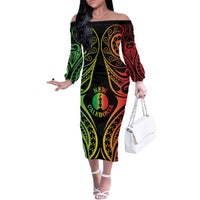 New Caledonia Day Family Matching Off The Shoulder Long Sleeve Dress and Hawaiian Shirt Polynesian Curves Reggae Color - Polynesian Pride