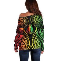 New Caledonia Day Off Shoulder Sweater Polynesian Curves Reggae Color - Polynesian Pride