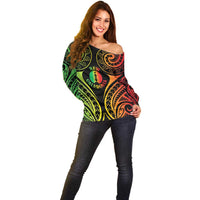 New Caledonia Day Off Shoulder Sweater Polynesian Curves Reggae Color - Polynesian Pride