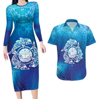 Marshall Islands Manit Day Couples Matching Long Sleeve Bodycon Dress and Hawaiian Shirt Tribal Dolphin With Marshall Seal - Polynesian Pride