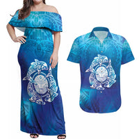 Marshall Islands Manit Day Couples Matching Off Shoulder Maxi Dress and Hawaiian Shirt Tribal Dolphin With Marshall Seal - Polynesian Pride