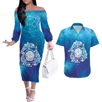 Marshall Islands Manit Day Couples Matching Off The Shoulder Long Sleeve Dress and Hawaiian Shirt Tribal Dolphin With Marshall Seal - Polynesian Pride