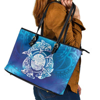 Marshall Islands Manit Day Leather Tote Bag Tribal Dolphin With Marshall Seal - Polynesian Pride