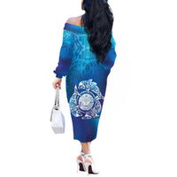 Marshall Islands Manit Day Off The Shoulder Long Sleeve Dress Tribal Dolphin With Marshall Seal - Polynesian Pride