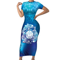 Marshall Islands Manit Day Short Sleeve Bodycon Dress Tribal Dolphin With Marshall Seal - Polynesian Pride