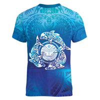 Marshall Islands Manit Day Women V-Neck T-Shirt Tribal Dolphin With Marshall Seal - Polynesian Pride