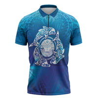 Marshall Islands Manit Day Zipper Polo Shirt Tribal Dolphin With Marshall Seal LT05 Blue - Polynesian Pride