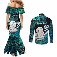Personalized Aotearoa New Zealand Couples Matching Mermaid Dress and Long Sleeve Button Shirts Paua Shell Fern Koru With Maori Hei Tiki LT05 - Polynesian Pride
