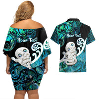 Personalized Aotearoa New Zealand Couples Matching Off Shoulder Short Dress and Hawaiian Shirt Paua Shell Fern Koru With Maori Hei Tiki LT05 - Polynesian Pride