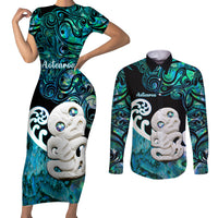 Personalized Aotearoa New Zealand Couples Matching Short Sleeve Bodycon Dress and Long Sleeve Button Shirts Paua Shell Fern Koru With Maori Hei Tiki LT05 Green - Polynesian Pride