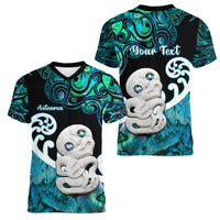 Personalized Aotearoa New Zealand Women V Neck T Shirt Paua Shell Fern Koru With Maori Hei Tiki LT05 - Polynesian Pride