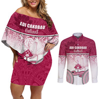 Adi Cakobau School Couples Matching Off Shoulder Short Dress and Long Sleeve Button Shirts 75th Anniversary LT05 Pink - Polynesian Pride