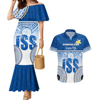 Personalized International School Suva Couples Matching Mermaid Dress and Hawaiian Shirt With Fijian Tapa Pattern LT05 Blue - Polynesian Pride