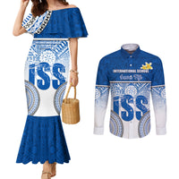 Personalized International School Suva Couples Matching Mermaid Dress and Long Sleeve Button Shirts With Fijian Tapa Pattern LT05 Blue - Polynesian Pride